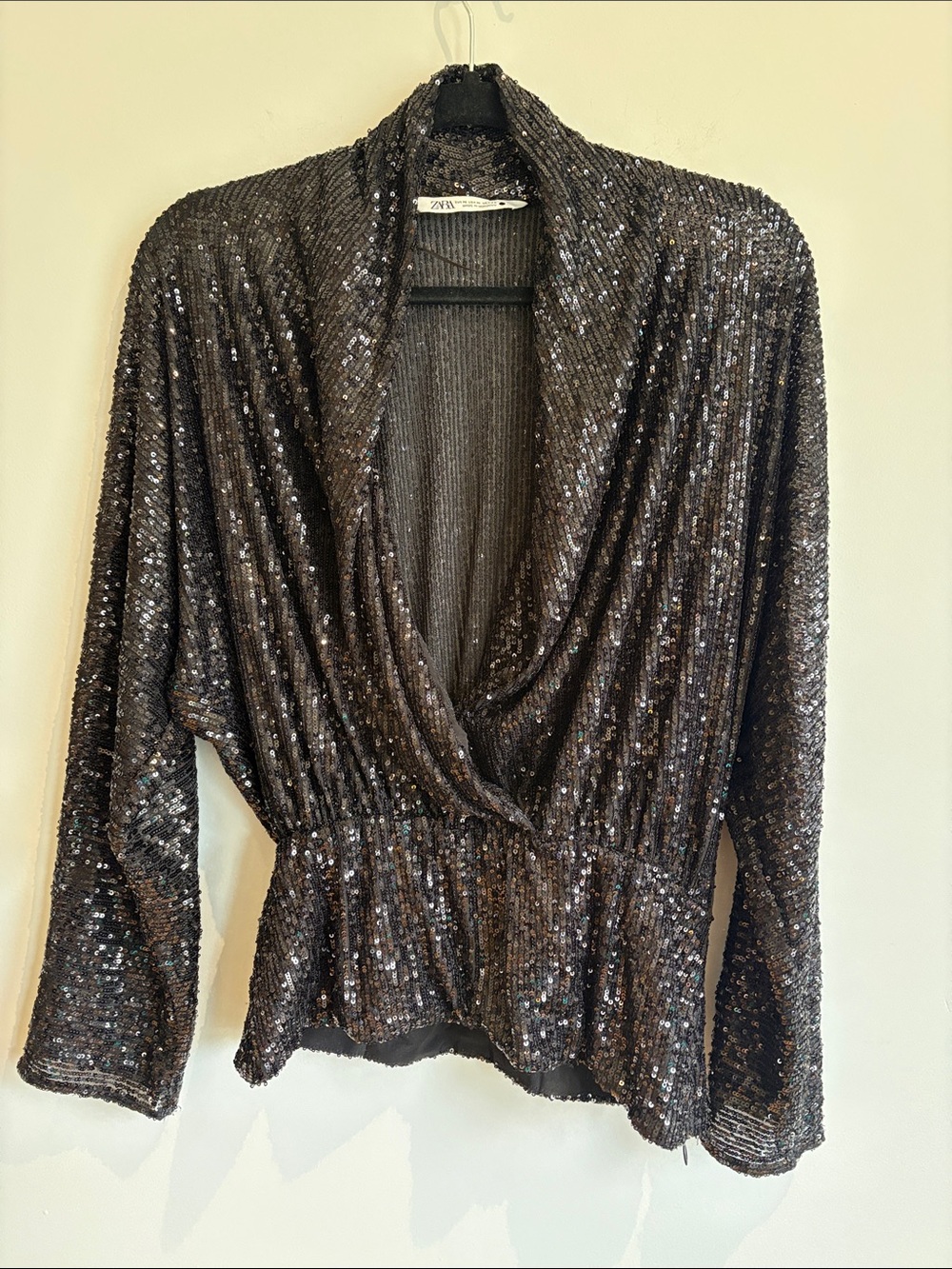 ✨ ZARA Black Sequin Wrap Peplum Blouse – Glam Evening & Party Top